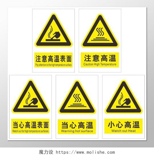 黄色警告标志指示标志当心高温表面指示牌警告牌